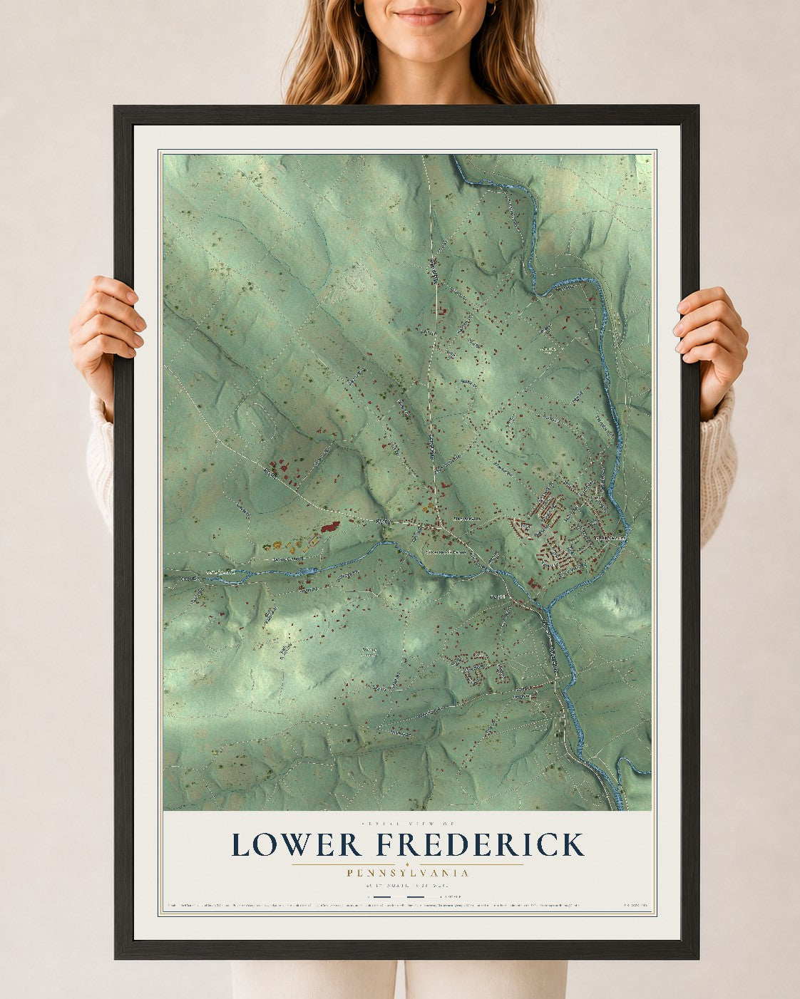 Map of Lower Frederick, Pennsylvania, 24 x 36 inch print in a black wood frame