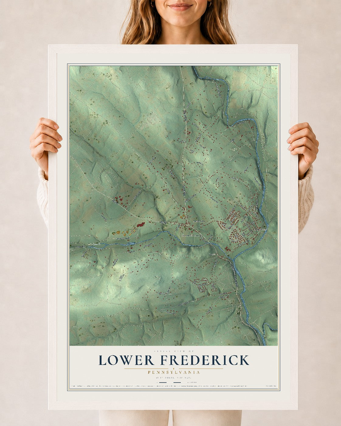 Map of Lower Frederick, Pennsylvania, 24 x 36 inch print in a white wood frame