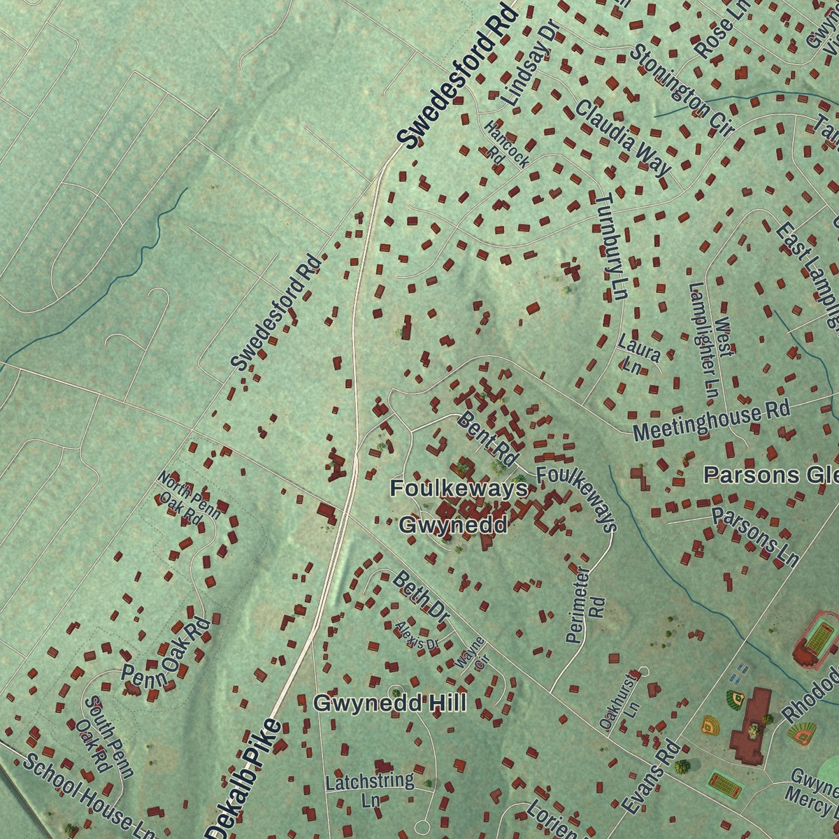 Close-up of the map of Lower Gwynedd, Pennsylvania print showing street and building detail