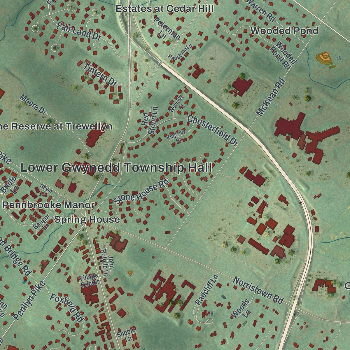 Second close-up of the map of Lower Gwynedd, Pennsylvania print showing more streets and buildings