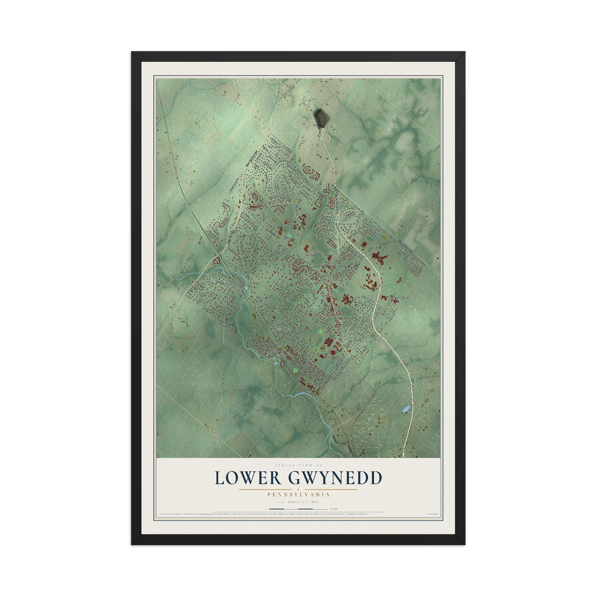 Map of Lower Gwynedd, Pennsylvania, 12 x 18 inch print in a black wood frame