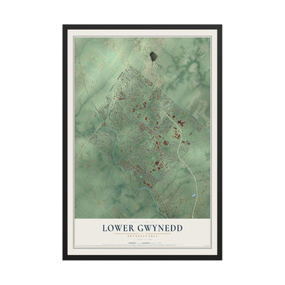 Map of Lower Gwynedd, Pennsylvania, 12 x 18 inch print in a black wood frame