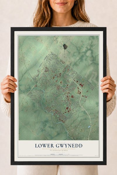 Map of Lower Gwynedd, Pennsylvania, 18 x 24 inch print in a black wood frame