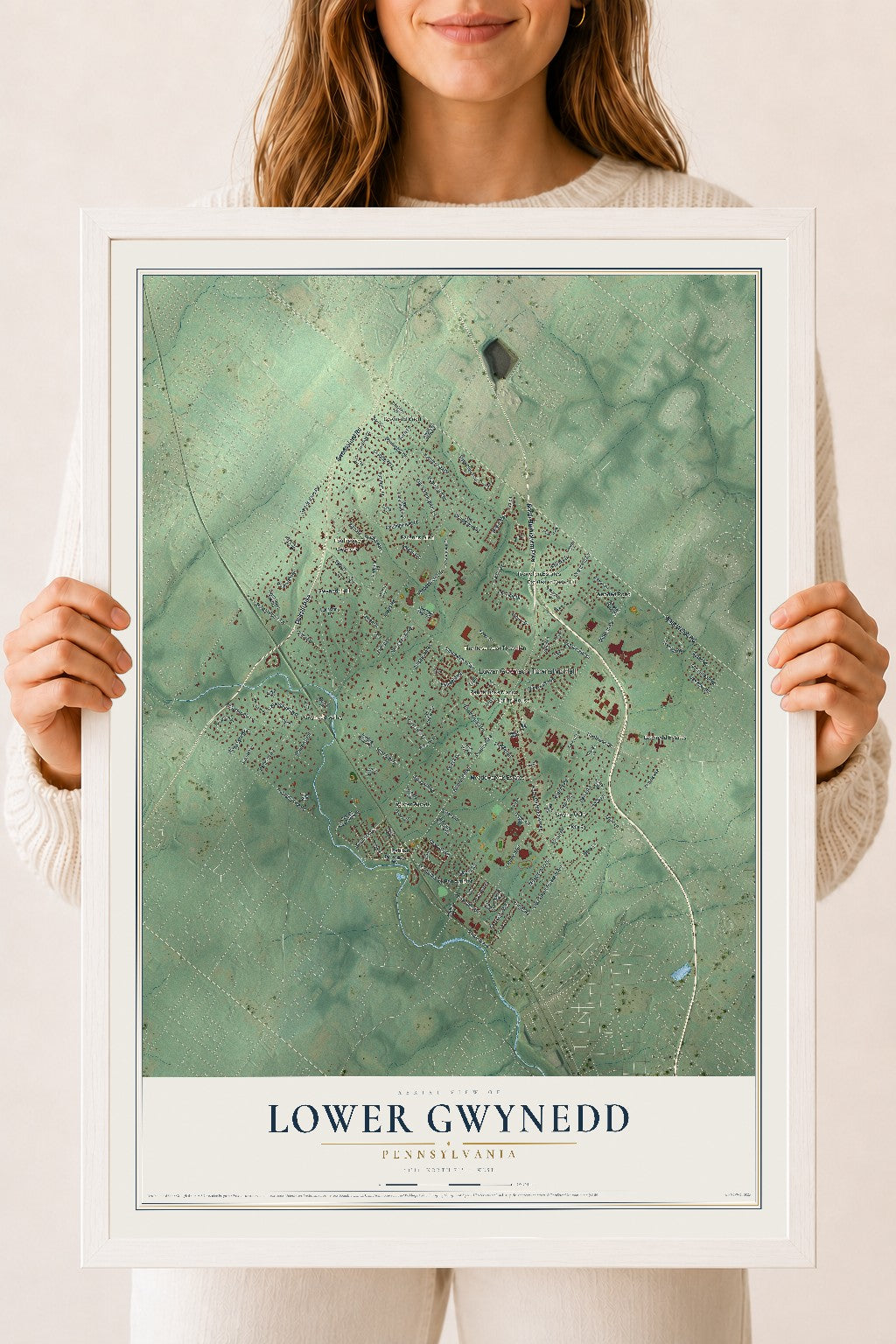 Map of Lower Gwynedd, Pennsylvania, 18 x 24 inch print in a white wood frame