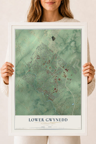 Map of Lower Gwynedd, Pennsylvania, 18 x 24 inch print in a white wood frame