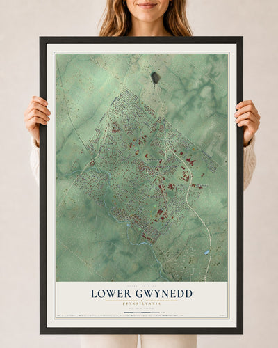 Map of Lower Gwynedd, Pennsylvania, 24 x 36 inch print in a black wood frame