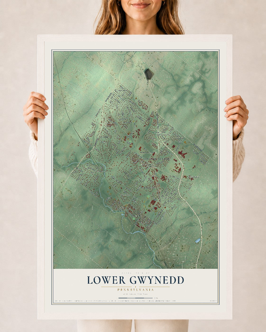 Map of Lower Gwynedd, Pennsylvania, 24 x 36 inch print in a white wood frame