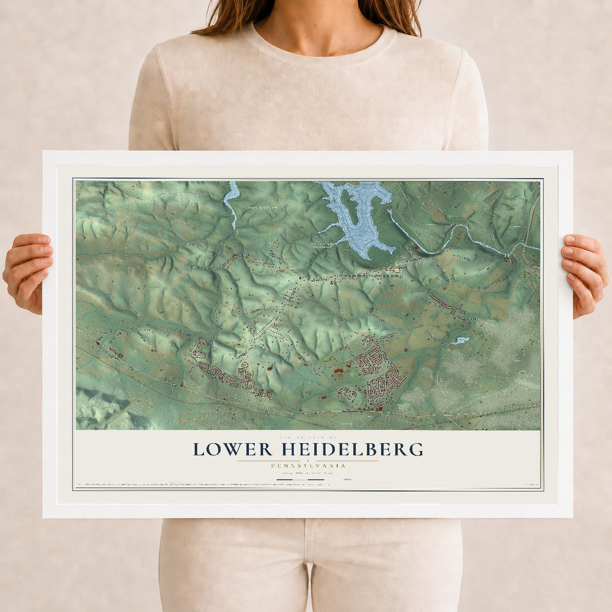 Map of Lower Heidelberg, Pennsylvania, 12 x 18 inch print in a white wood frame