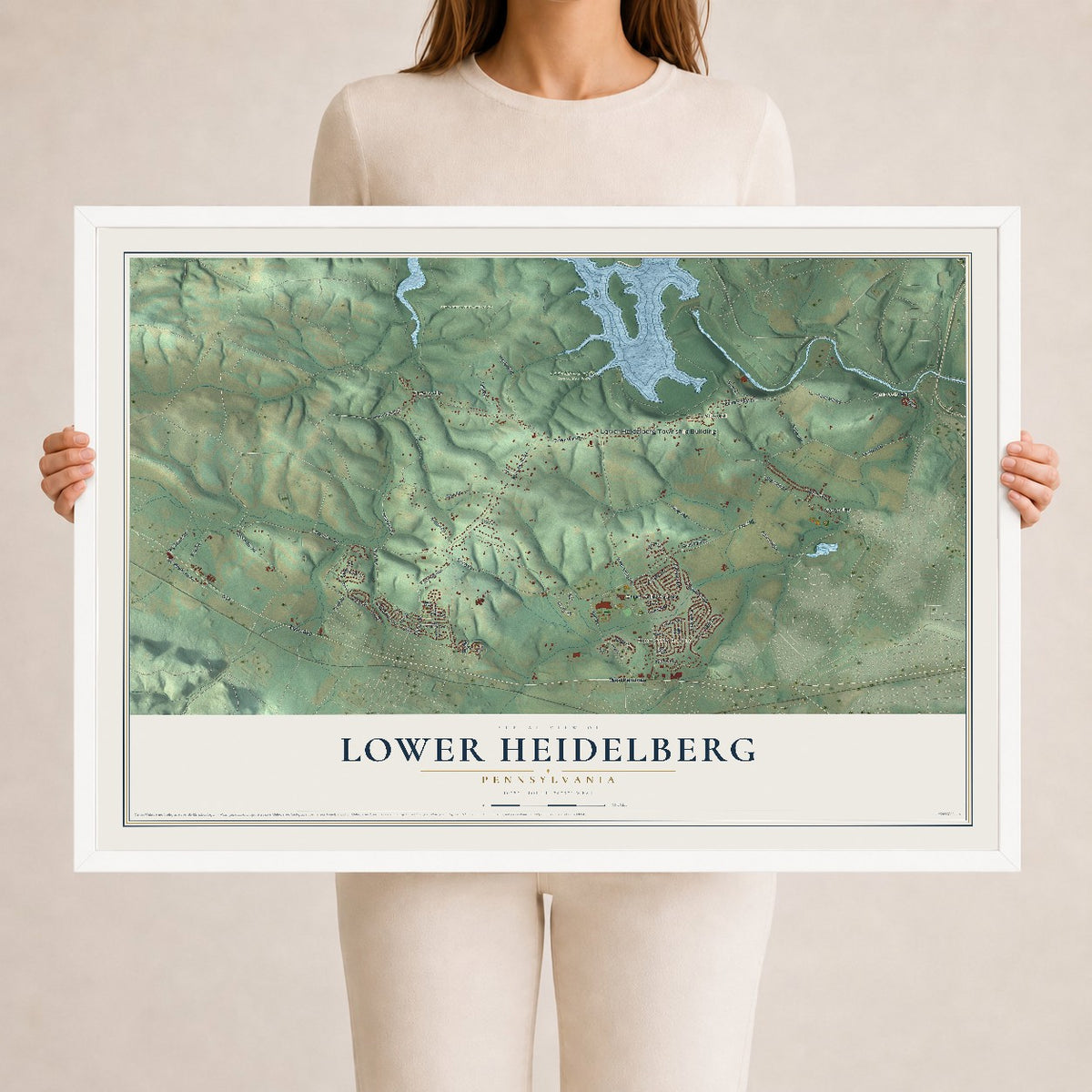 Map of Lower Heidelberg, Pennsylvania, 24 x 36 inch print in a white wood frame