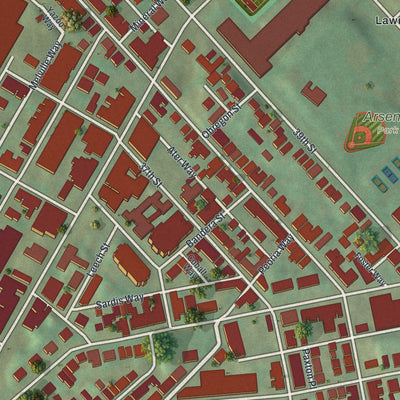 Close-up of the map of Lower Lawrenceville, Pennsylvania print showing street and building detail