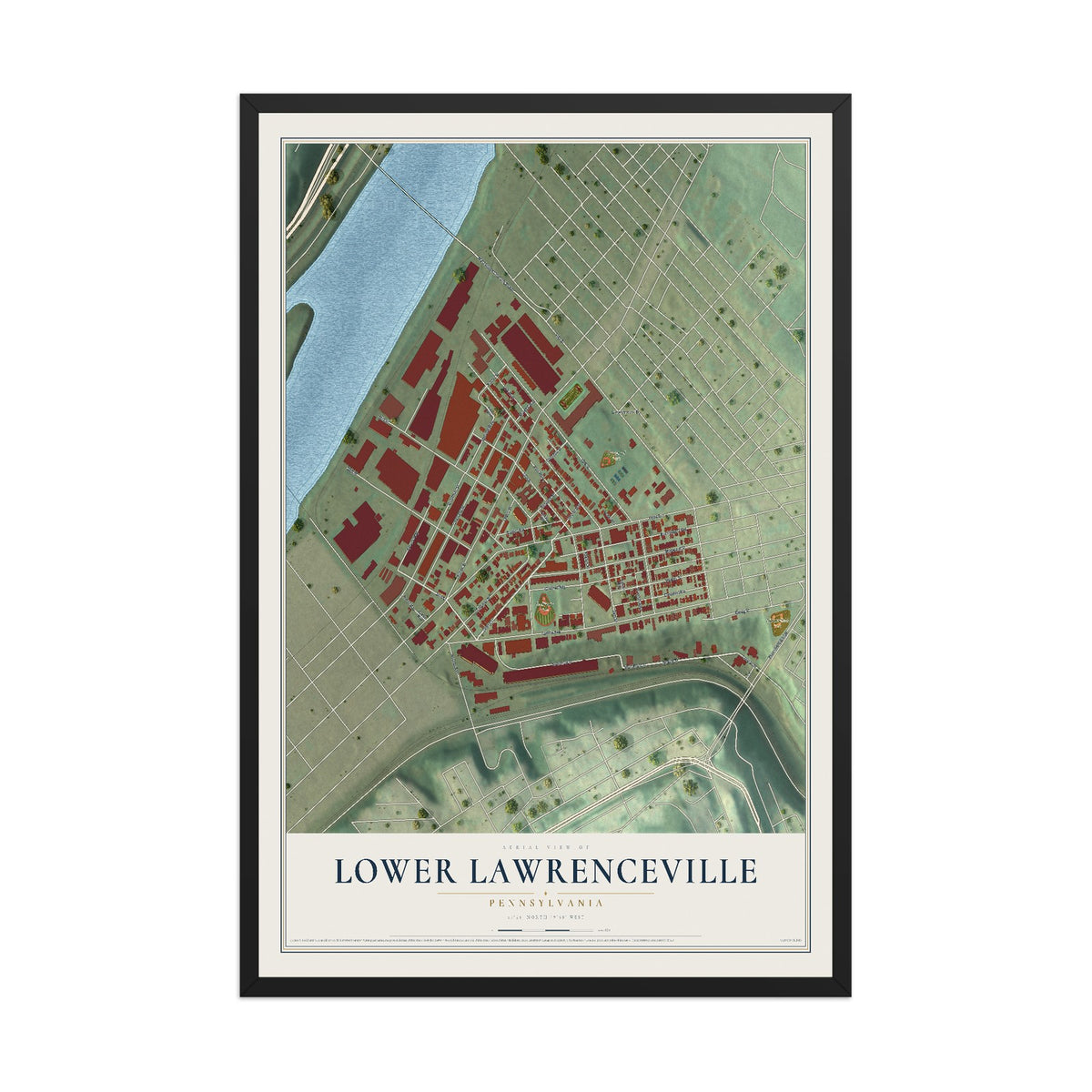 Map of Lower Lawrenceville, Pennsylvania, 12 x 18 inch print in a black wood frame