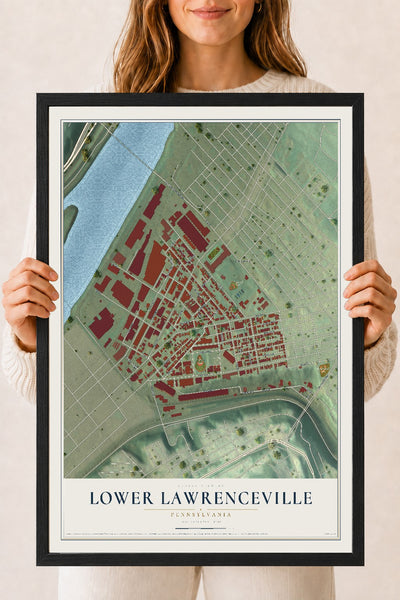 Map of Lower Lawrenceville, Pennsylvania, 18 x 24 inch print in a black wood frame