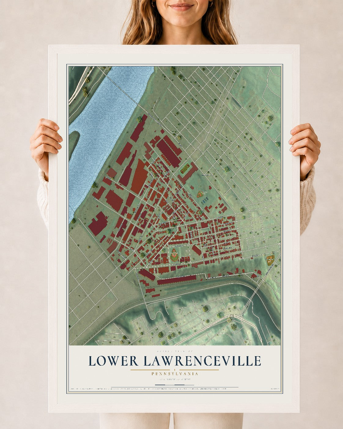 Map of Lower Lawrenceville, Pennsylvania, 24 x 36 inch print in a white wood frame