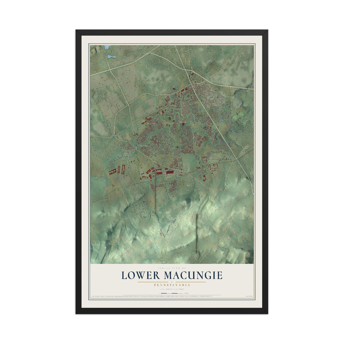 Map of Lower Macungie, Pennsylvania, 12 x 18 inch print in a black wood frame