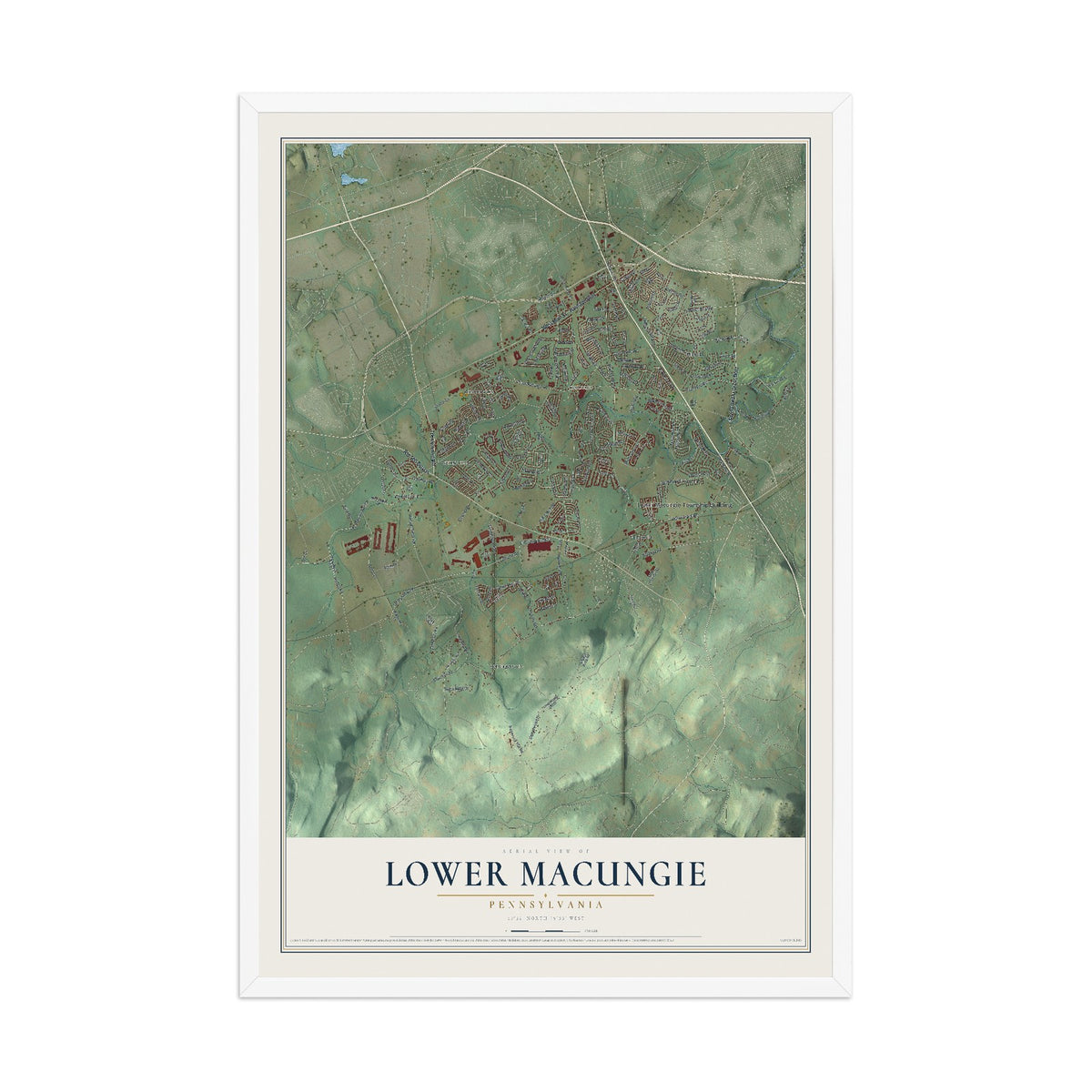 Map of Lower Macungie, Pennsylvania, 12 x 18 inch print in a white wood frame
