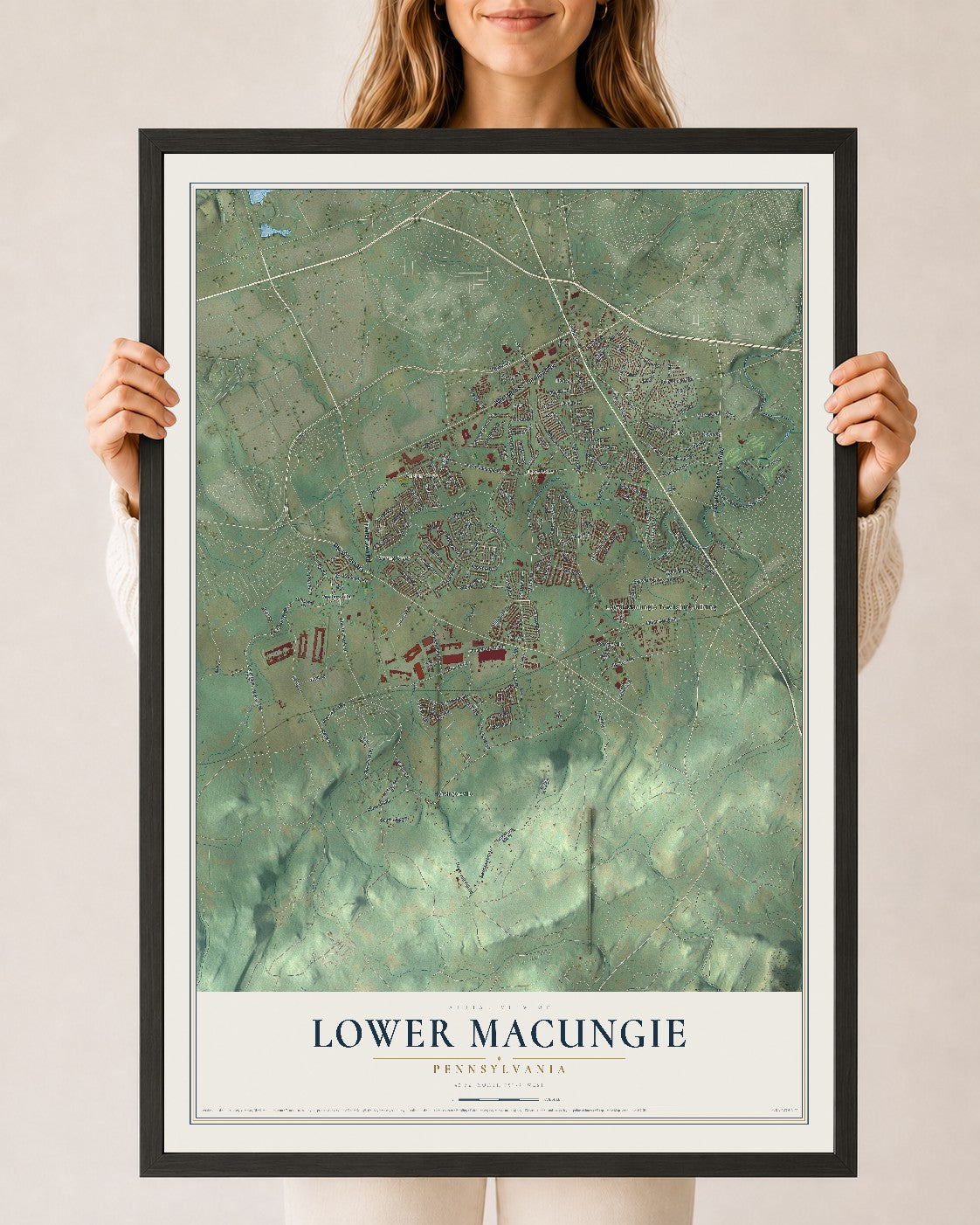 Map of Lower Macungie, Pennsylvania, 24 x 36 inch print in a black wood frame