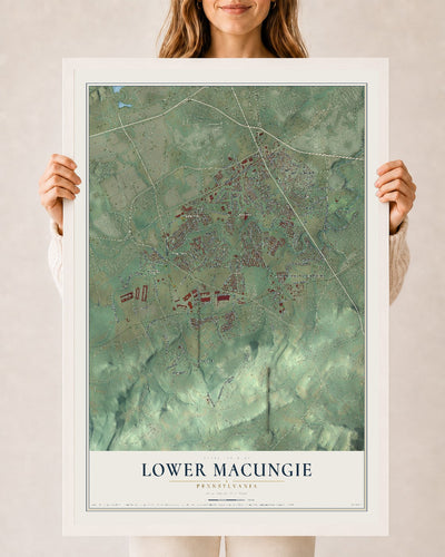 Map of Lower Macungie, Pennsylvania, 24 x 36 inch print in a white wood frame