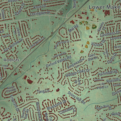 Close-up of the map of Lower Makefield, Pennsylvania print showing street and building detail