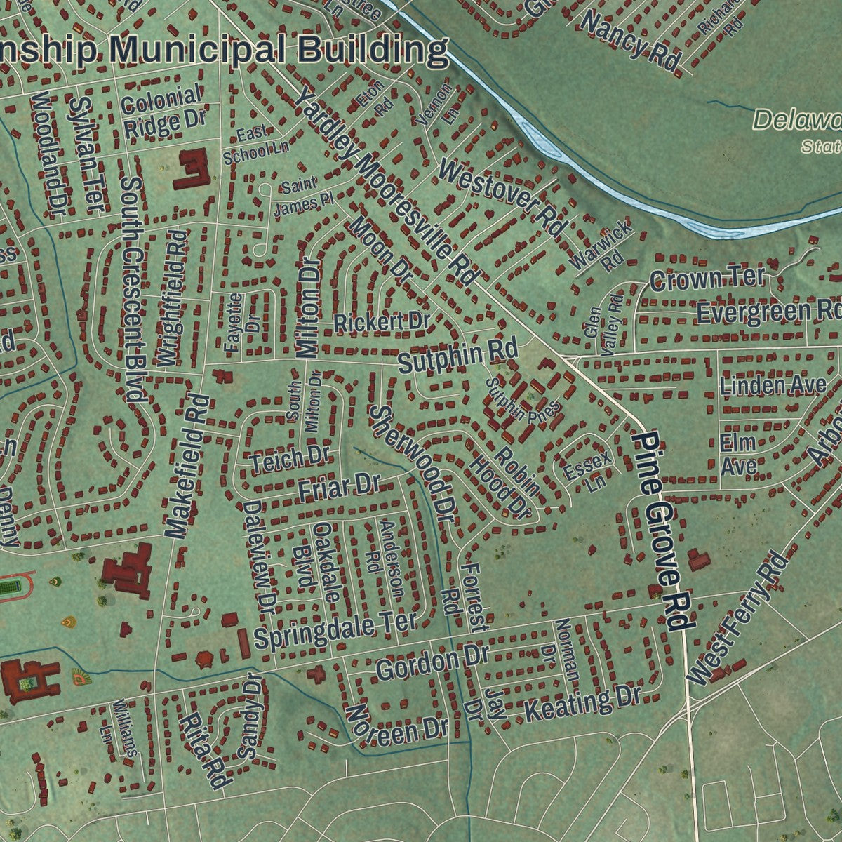 Second close-up of the map of Lower Makefield, Pennsylvania print showing more streets and buildings
