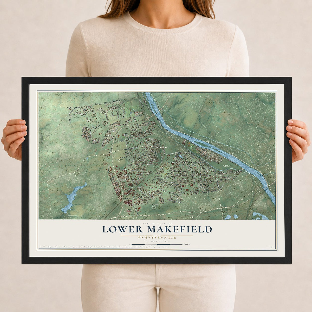 Map of Lower Makefield, Pennsylvania, 12 x 18 inch print in a black wood frame