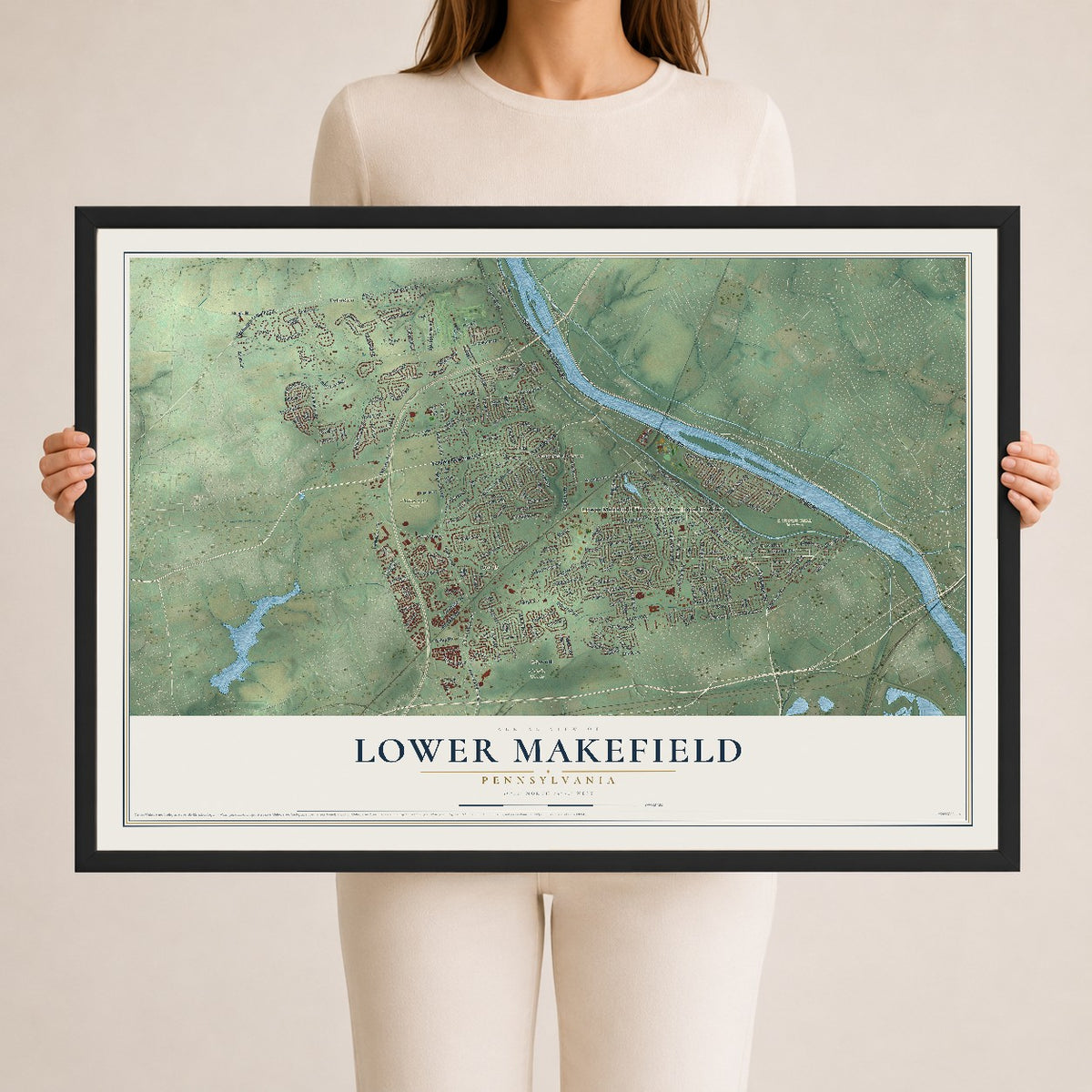 Map of Lower Makefield, Pennsylvania, 24 x 36 inch print in a black wood frame