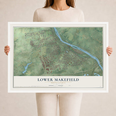 Map of Lower Makefield, Pennsylvania, 24 x 36 inch print in a white wood frame