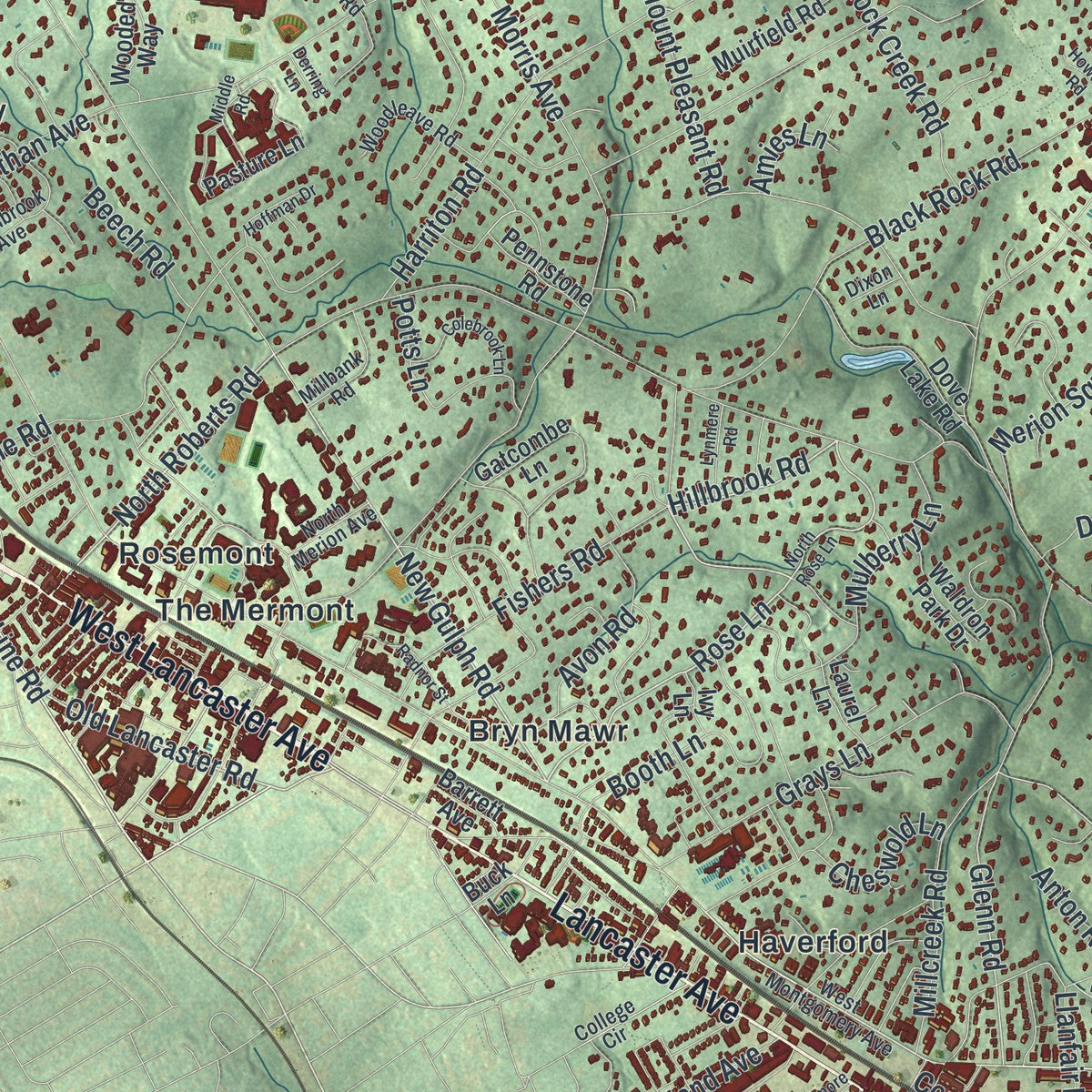 Close-up of the map of Lower Merion, Pennsylvania print showing street and building detail