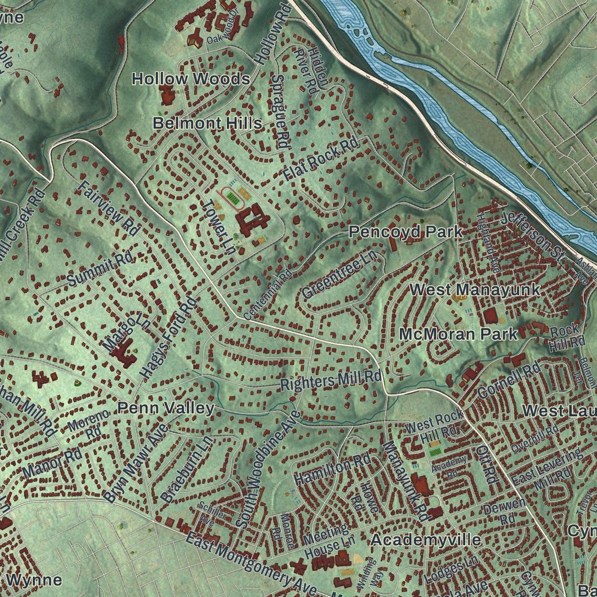 Second close-up of the map of Lower Merion, Pennsylvania print showing more streets and buildings