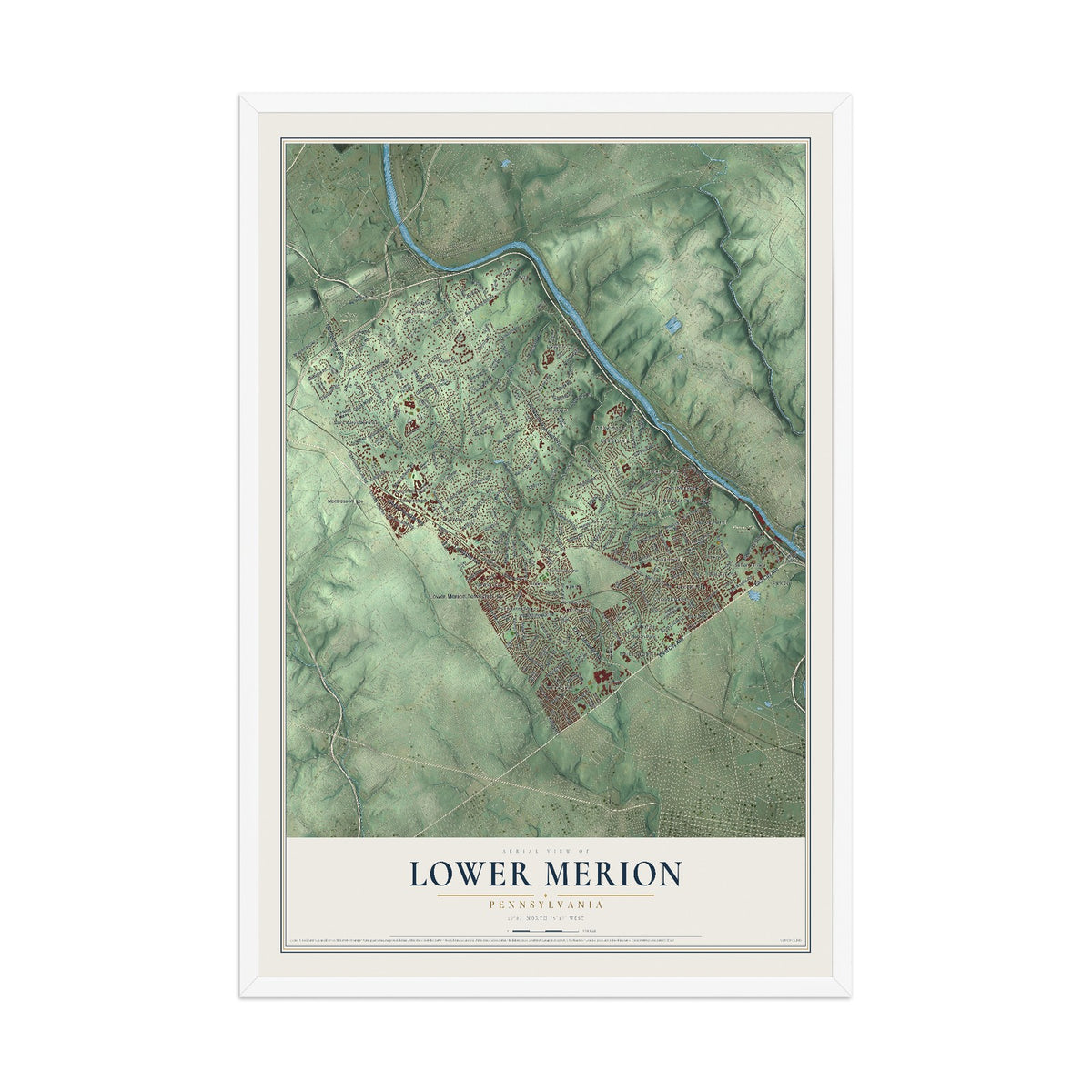 Map of Lower Merion, Pennsylvania, 12 x 18 inch print in a white wood frame