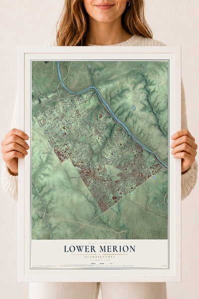 Map of Lower Merion, Pennsylvania, 18 x 24 inch print in a white wood frame
