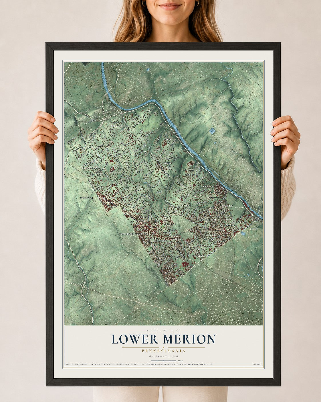 Map of Lower Merion, Pennsylvania, 24 x 36 inch print in a black wood frame