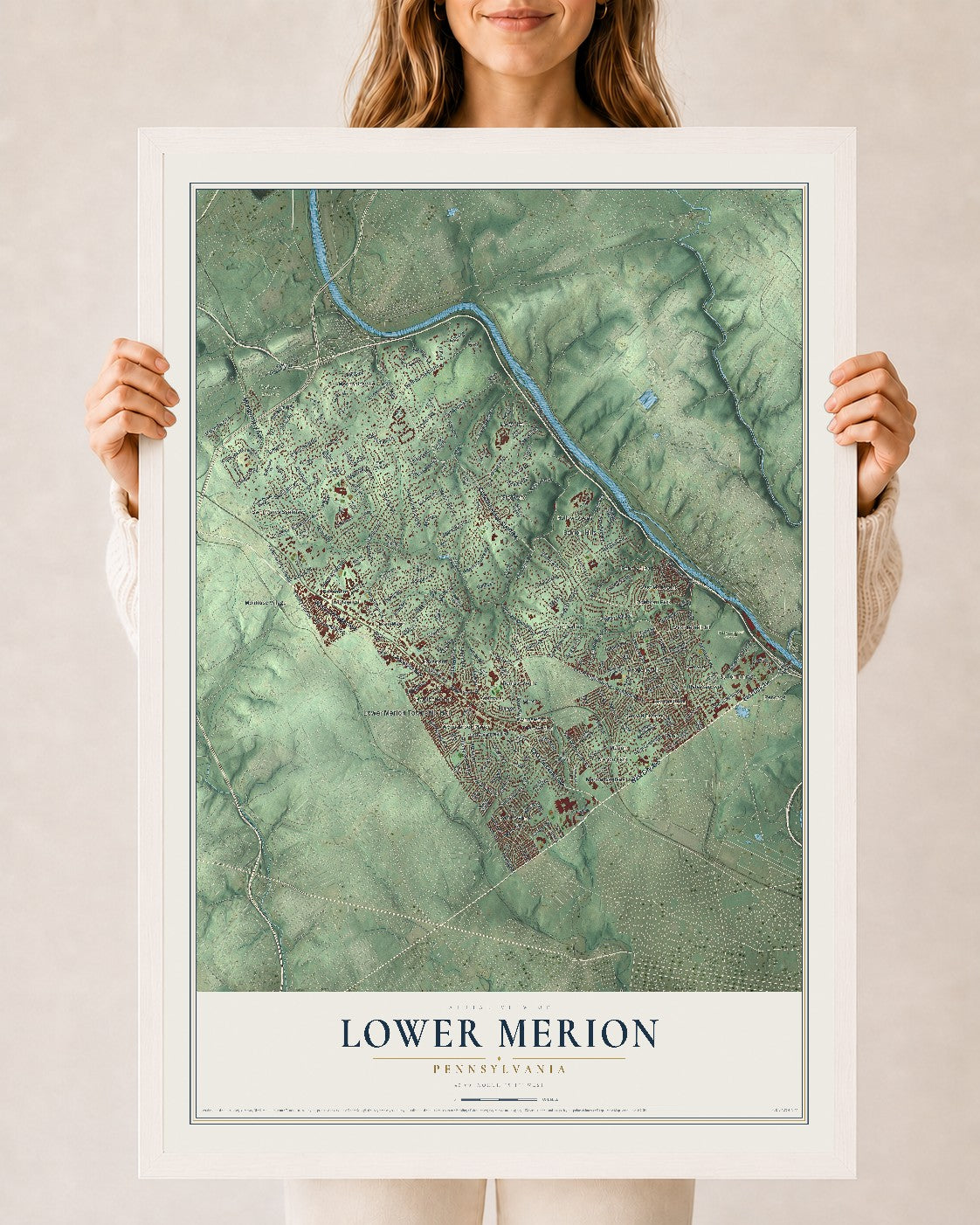 Map of Lower Merion, Pennsylvania, 24 x 36 inch print in a white wood frame