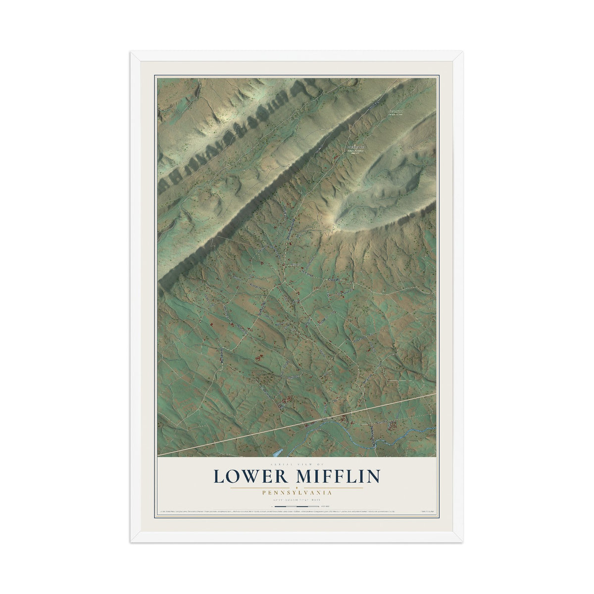Map of Lower Mifflin, Pennsylvania, 12 x 18 inch print in a white wood frame