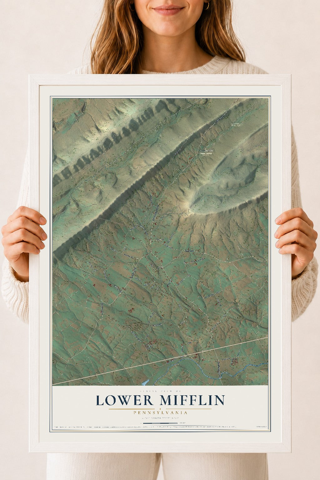 Map of Lower Mifflin, Pennsylvania, 18 x 24 inch print in a white wood frame