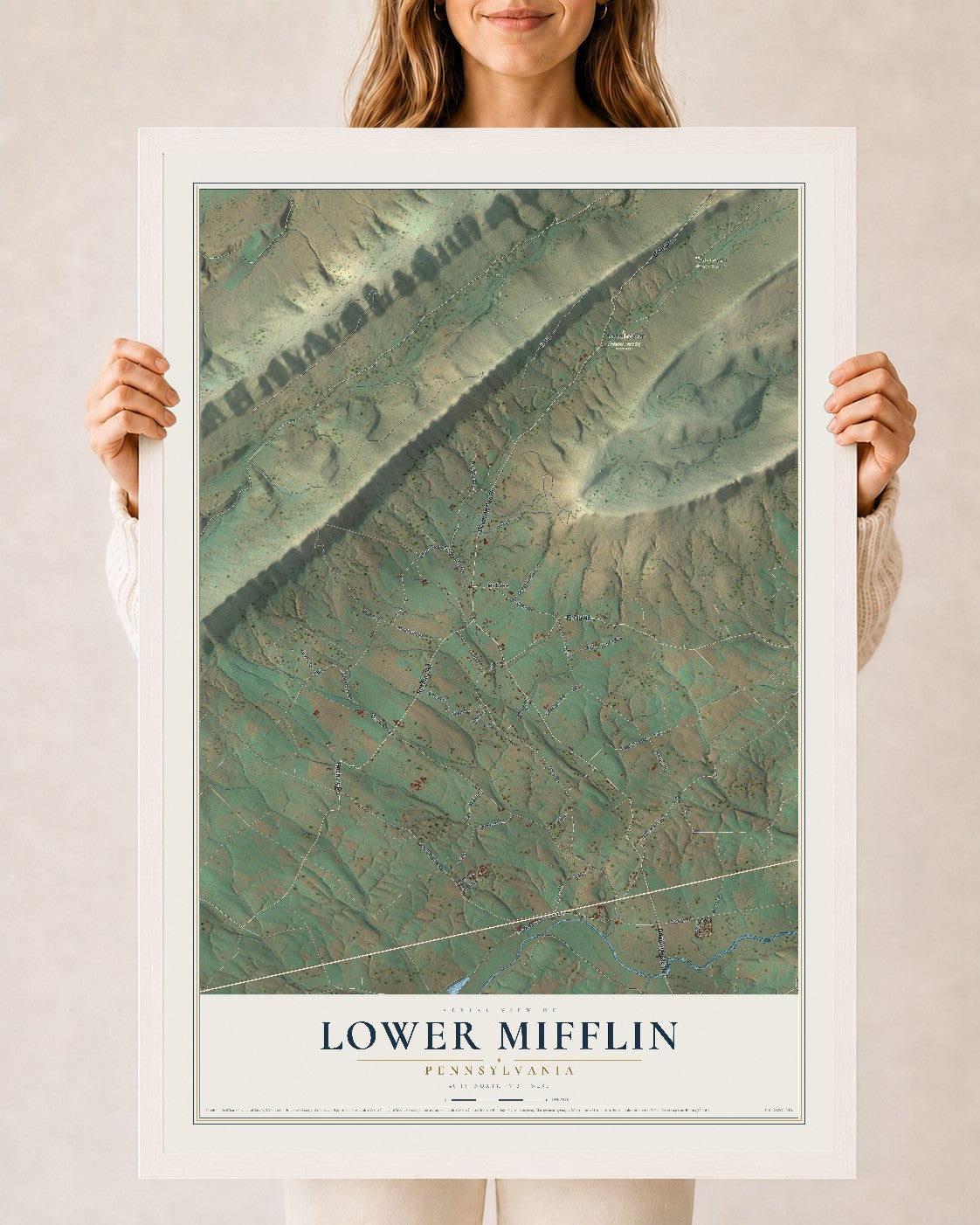 Map of Lower Mifflin, Pennsylvania, 24 x 36 inch print in a white wood frame