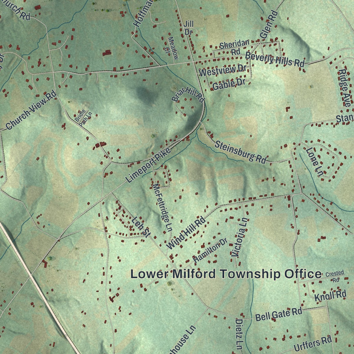 Close-up of the map of Lower Milford, Pennsylvania print showing street and building detail