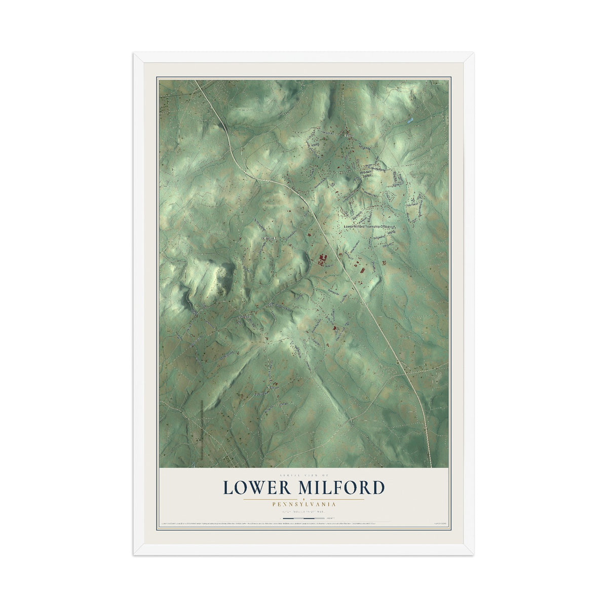 Map of Lower Milford, Pennsylvania, 12 x 18 inch print in a white wood frame