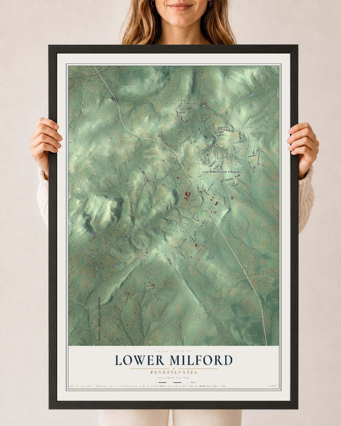 Map of Lower Milford, Pennsylvania, 24 x 36 inch print in a black wood frame