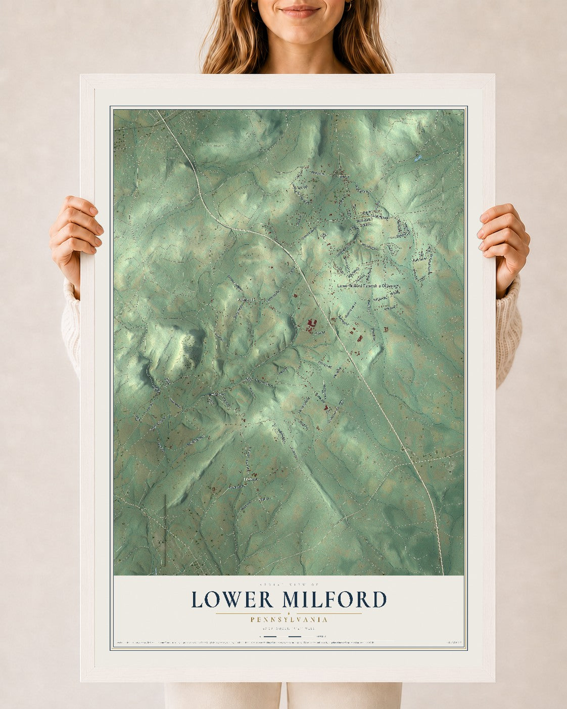 Map of Lower Milford, Pennsylvania, 24 x 36 inch print in a white wood frame