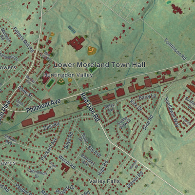 Second close-up of the map of Lower Moreland, Pennsylvania print showing more streets and buildings