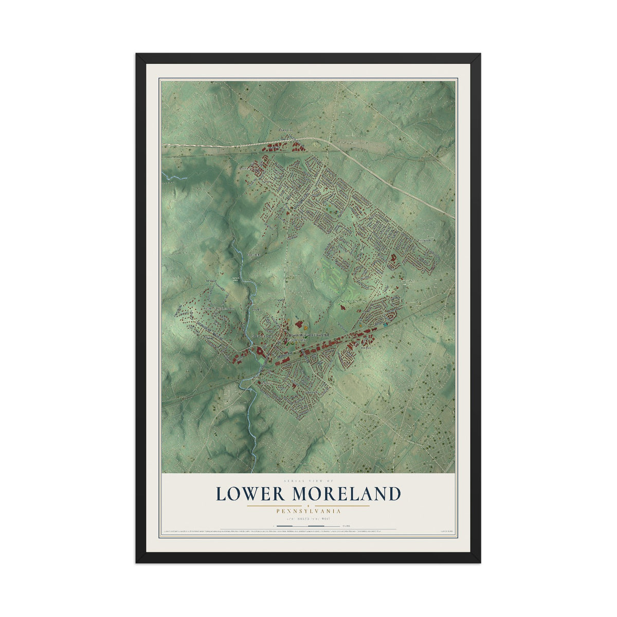 Map of Lower Moreland, Pennsylvania, 12 x 18 inch print in a black wood frame