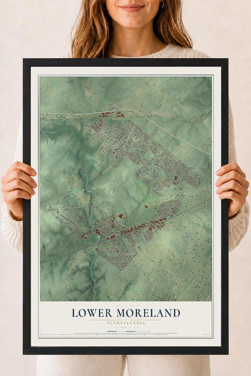 Map of Lower Moreland, Pennsylvania, 18 x 24 inch print in a black wood frame