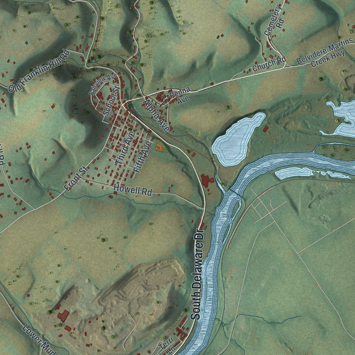 Close-up of the map of Lower Mount Bethel, Pennsylvania print showing street and building detail