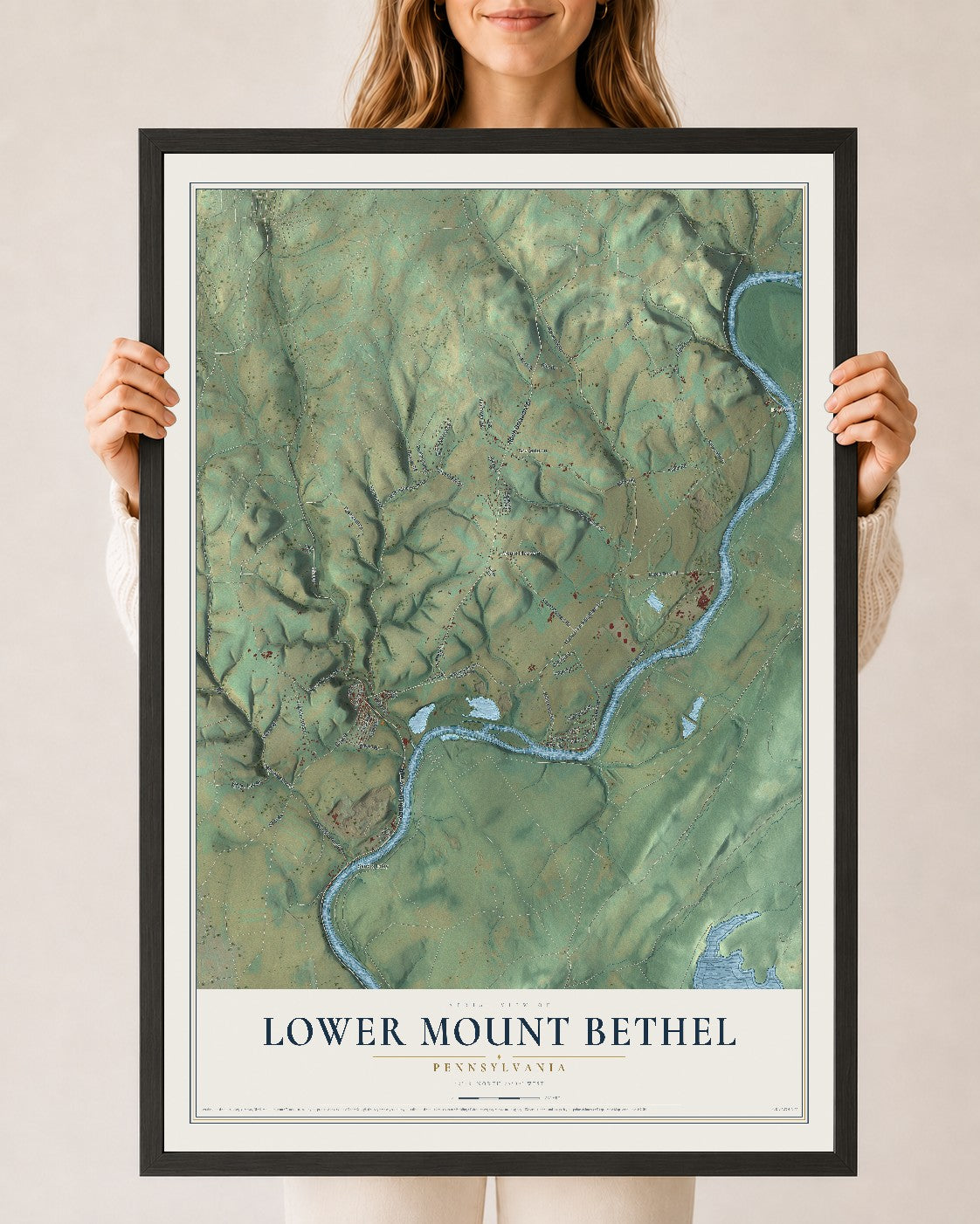 Map of Lower Mount Bethel, Pennsylvania, 24 x 36 inch print in a black wood frame