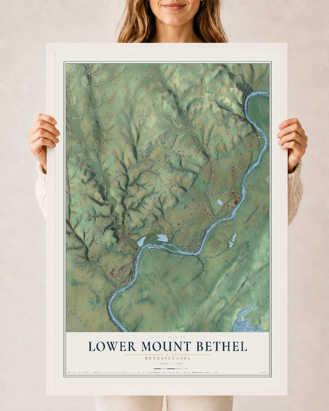 Map of Lower Mount Bethel, Pennsylvania, 24 x 36 inch print in a white wood frame