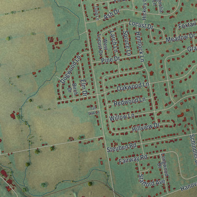 Second close-up of the map of Lower Nazareth, Pennsylvania print showing more streets and buildings