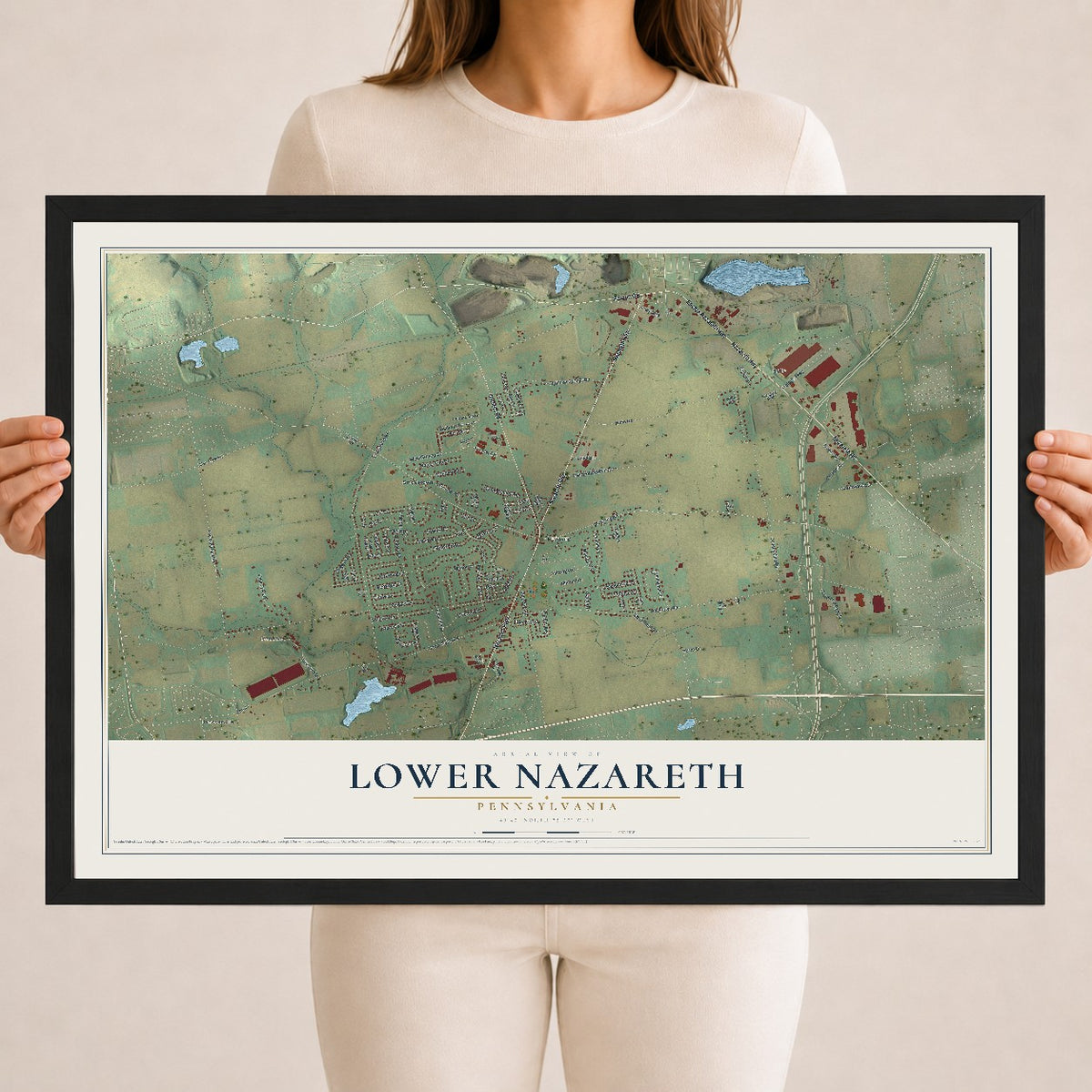 Map of Lower Nazareth, Pennsylvania, 18 x 24 inch print in a black wood frame
