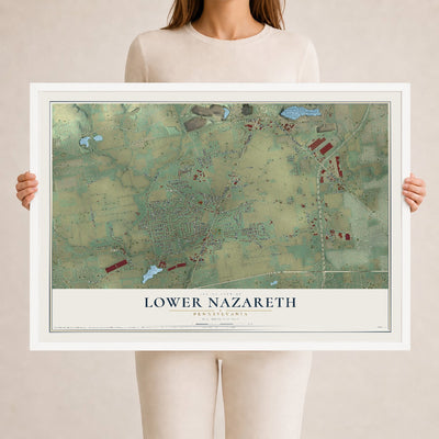 Map of Lower Nazareth, Pennsylvania, 24 x 36 inch print in a white wood frame