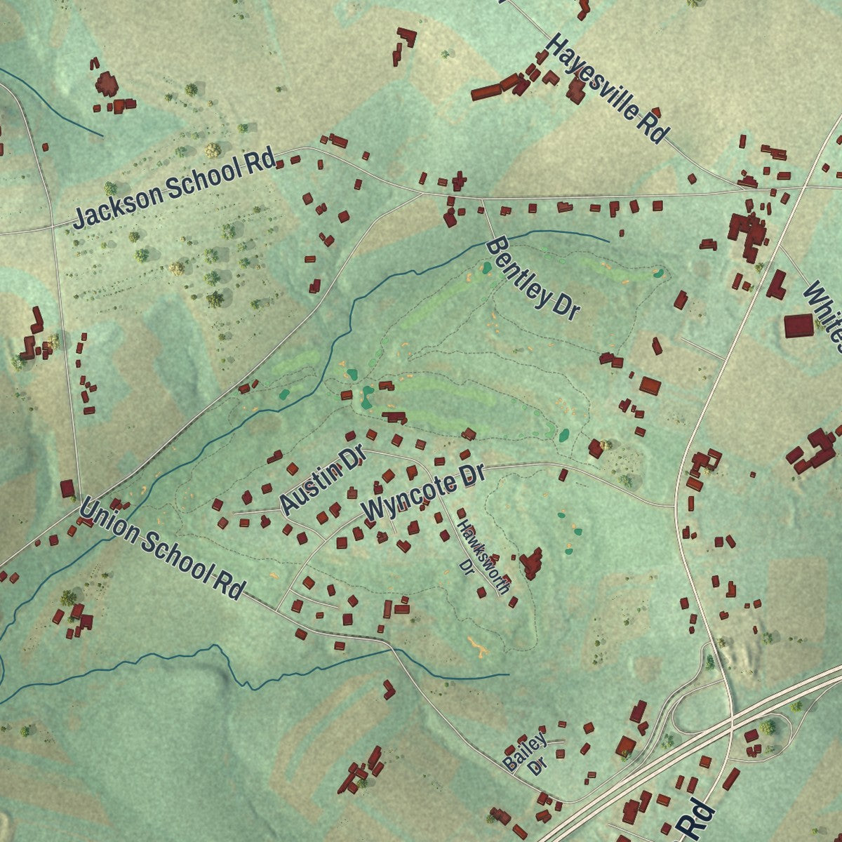 Close-up of the map of Lower Oxford, Pennsylvania print showing street and building detail
