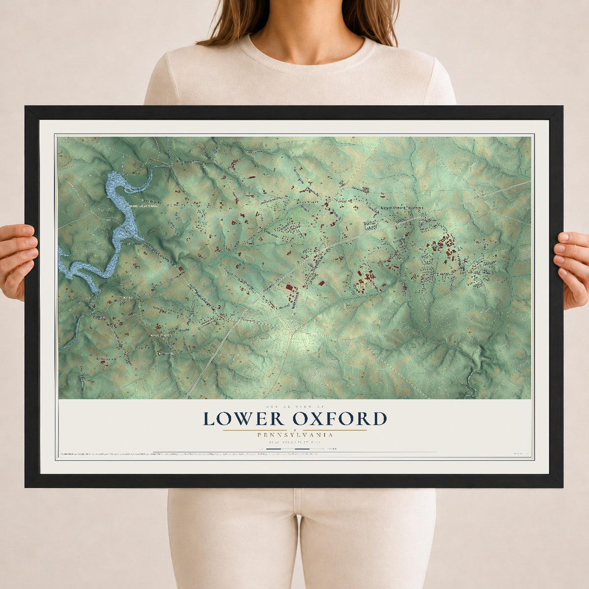 Map of Lower Oxford, Pennsylvania, 18 x 24 inch print in a black wood frame
